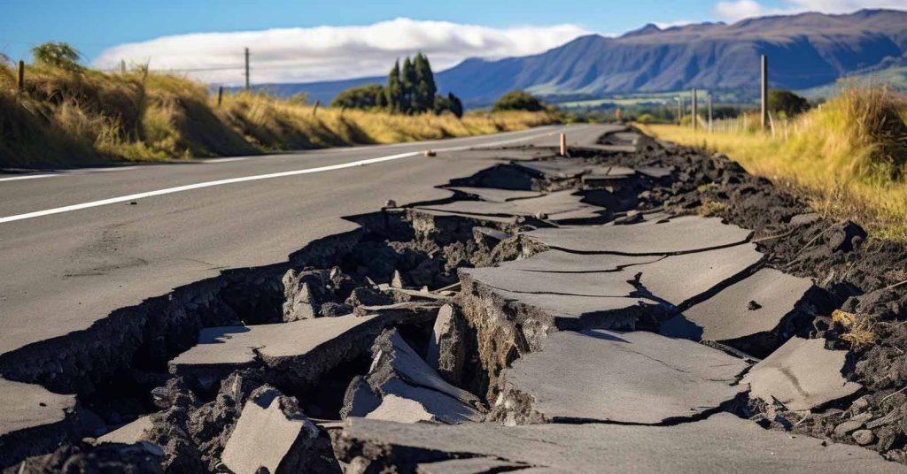 Cracked road and damaged landscape after a strong earthquake