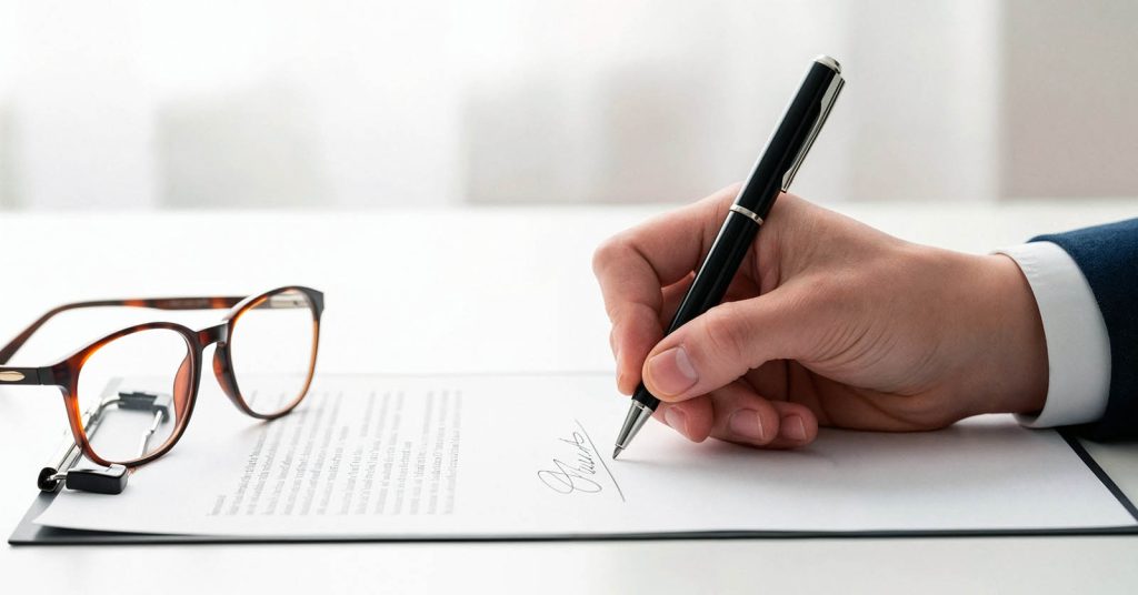 Business owner signing a service contract with a consultant