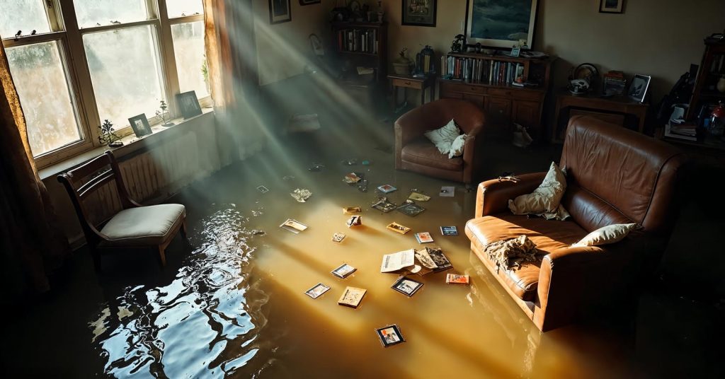 Floodwater covering the floor of a furnished living room