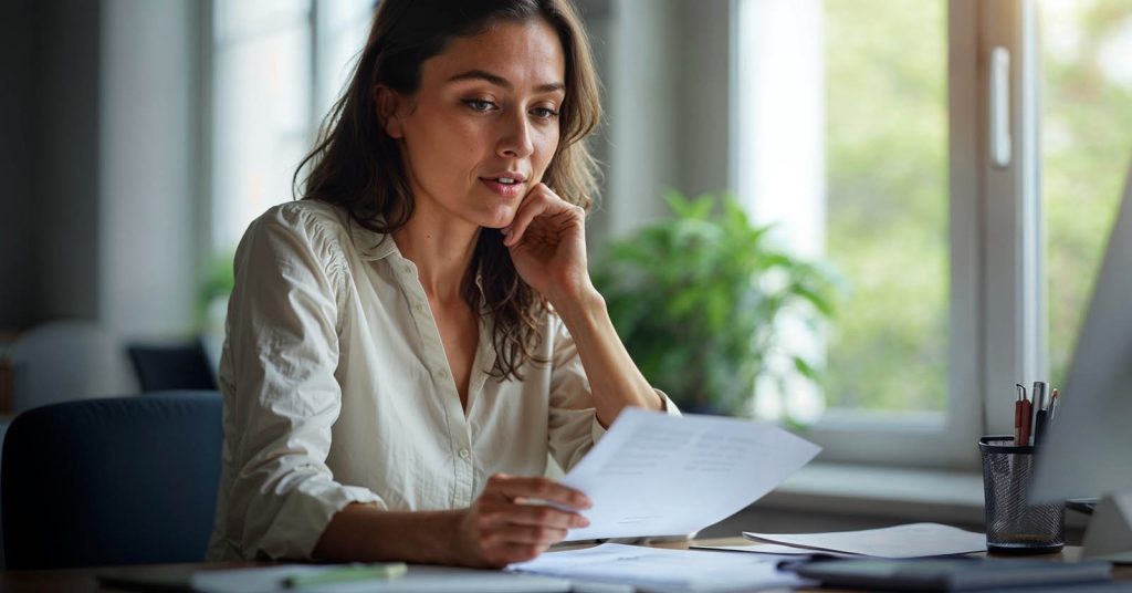 Woman reviewing debt relief paperwork while comparing debt settlement and a debt management plan