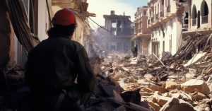 Person wearing a hard hat looking at heavily damaged buildings and rubble