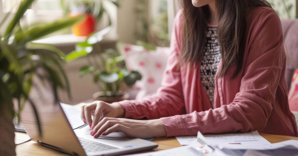 Woman reviewing financial documents while using a laptop