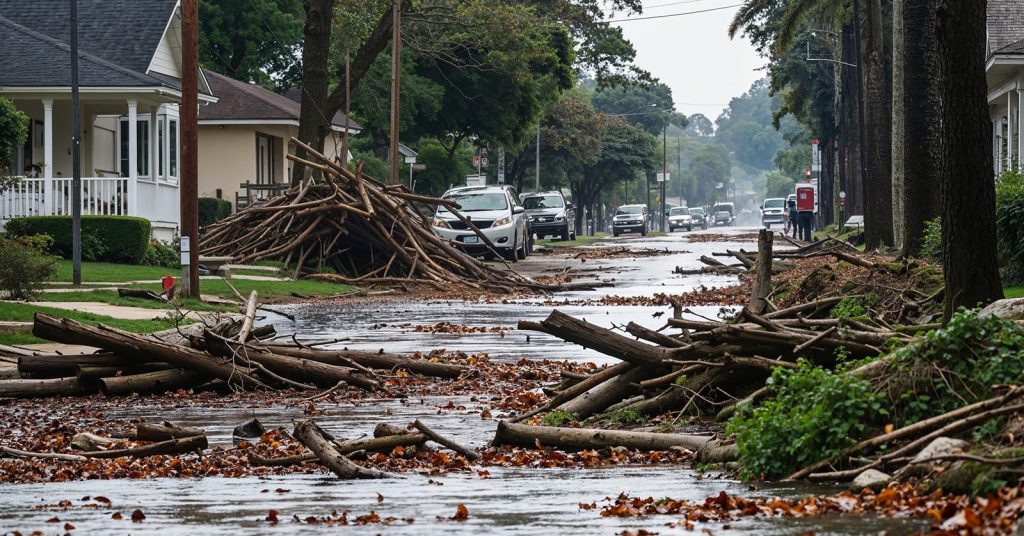 Fallen branches and storm debris covering a residential street