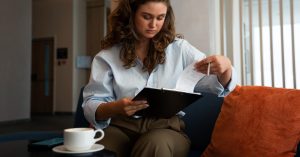 Woman reviewing a receipt on a clipboard while sitting at a table