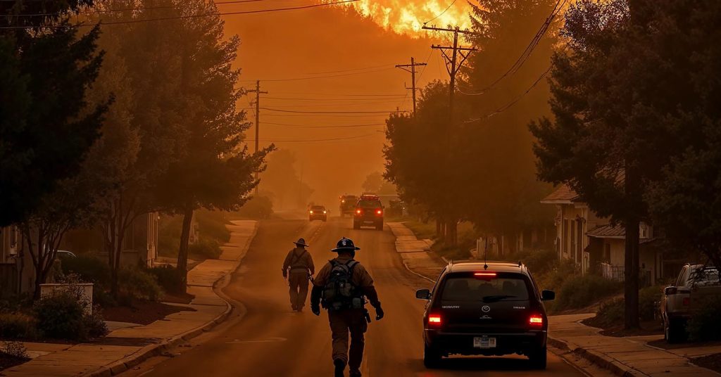 People in protective gear walking through a smoke-filled residential street