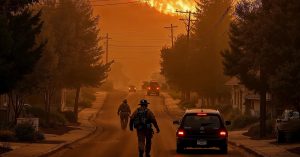 People in protective gear walking through a smoke-filled residential street